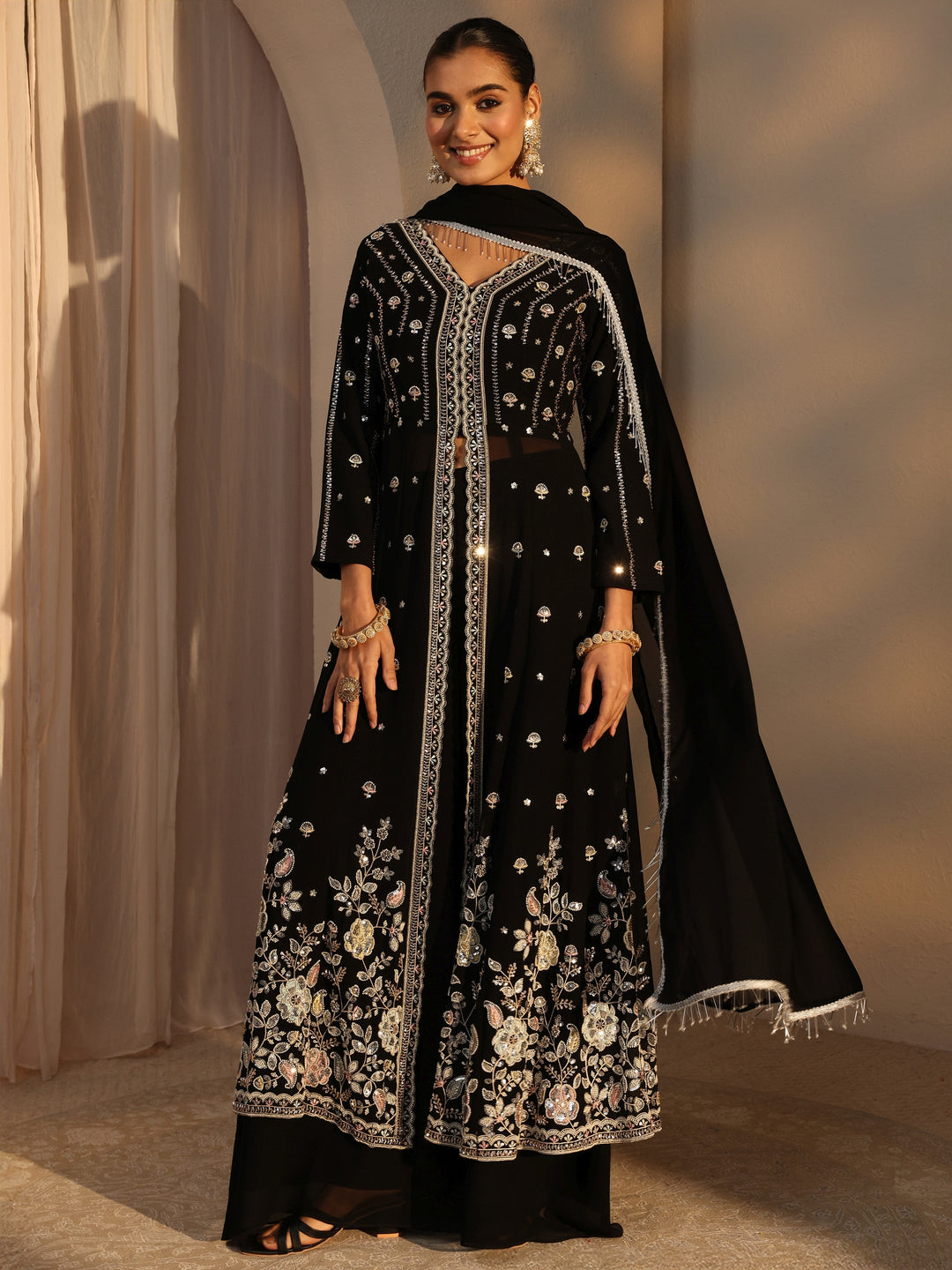 Libas Art Black Floral Embroidered Georgette A-Line Suits Set With Dupatta