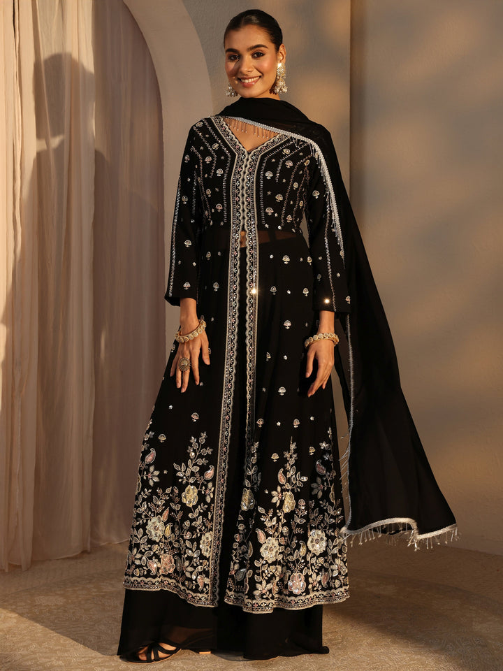 Libas Art Black Floral Embroidered Georgette A-Line Suits Set With Dupatta