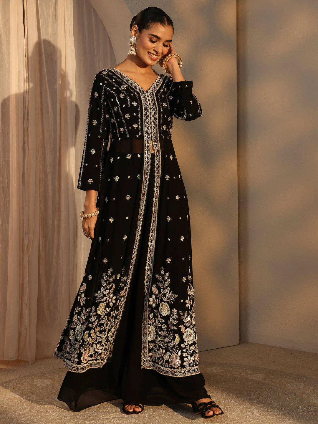 Libas Art Black Floral Embroidered Georgette A-Line Suits Set With Dupatta