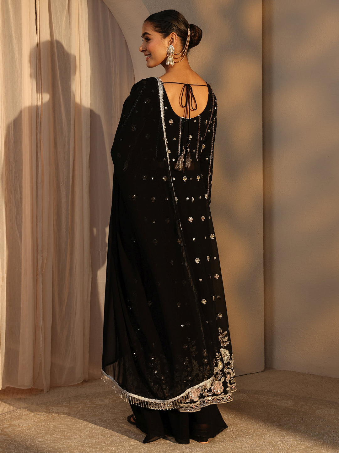 Libas Art Black Floral Embroidered Georgette A-Line Suits Set With Dupatta