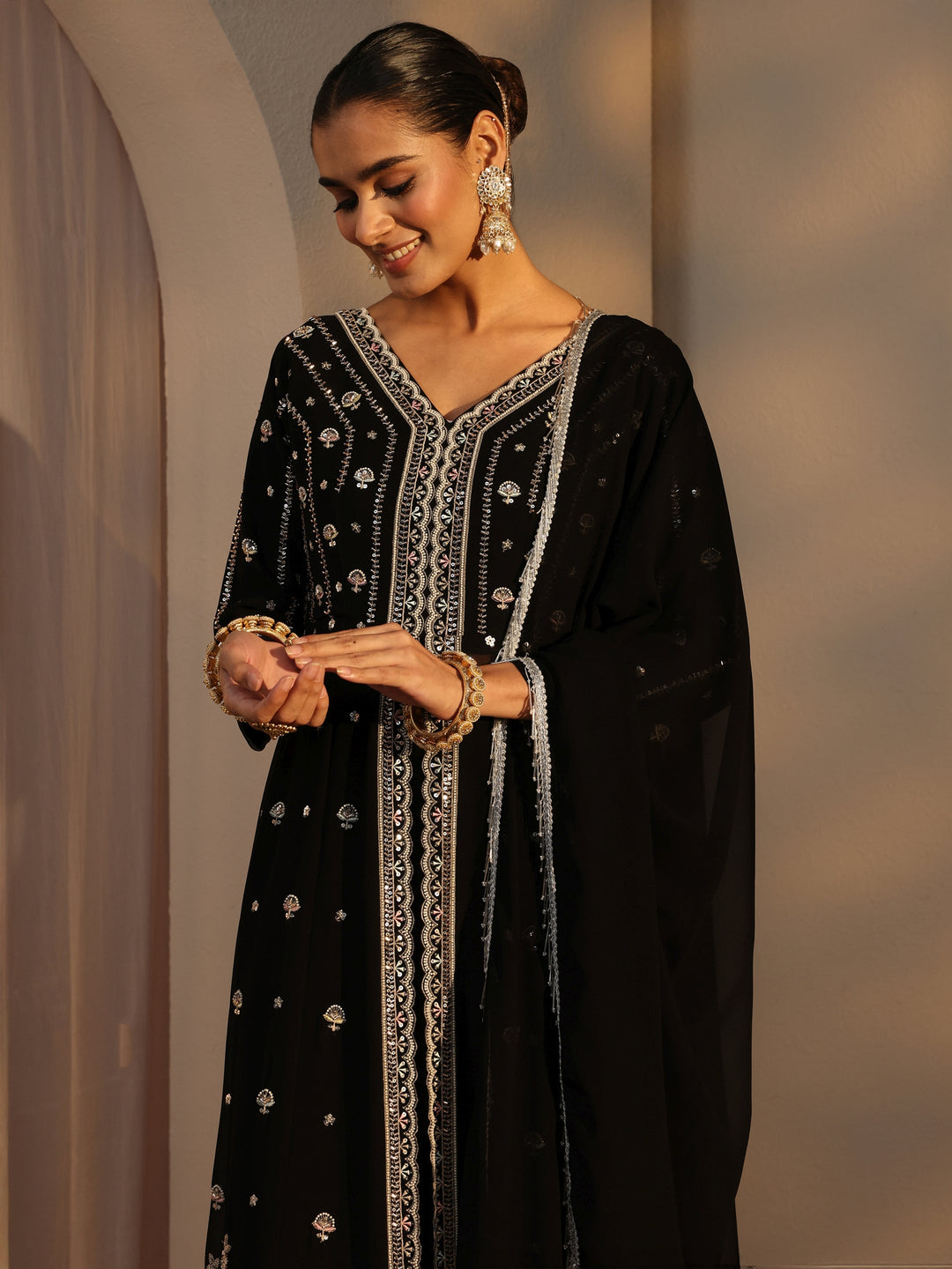 Libas Art Black Floral Embroidered Georgette A-Line Suits Set With Dupatta