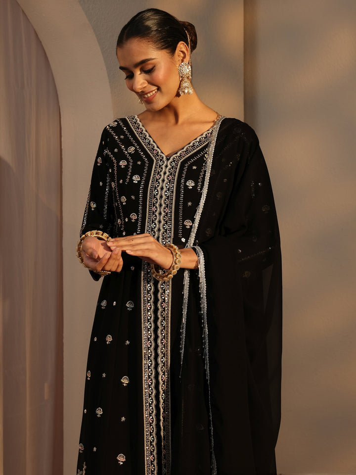 Libas Art Black Floral Embroidered Georgette A-Line Suits Set With Dupatta