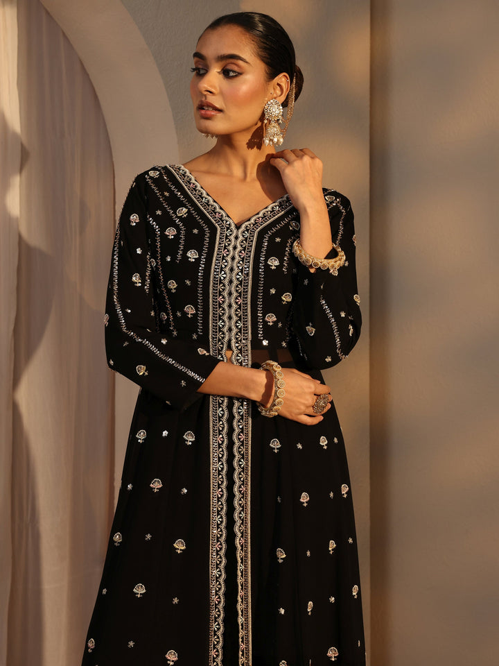 Libas Art Black Floral Embroidered Georgette A-Line Suits Set With Dupatta