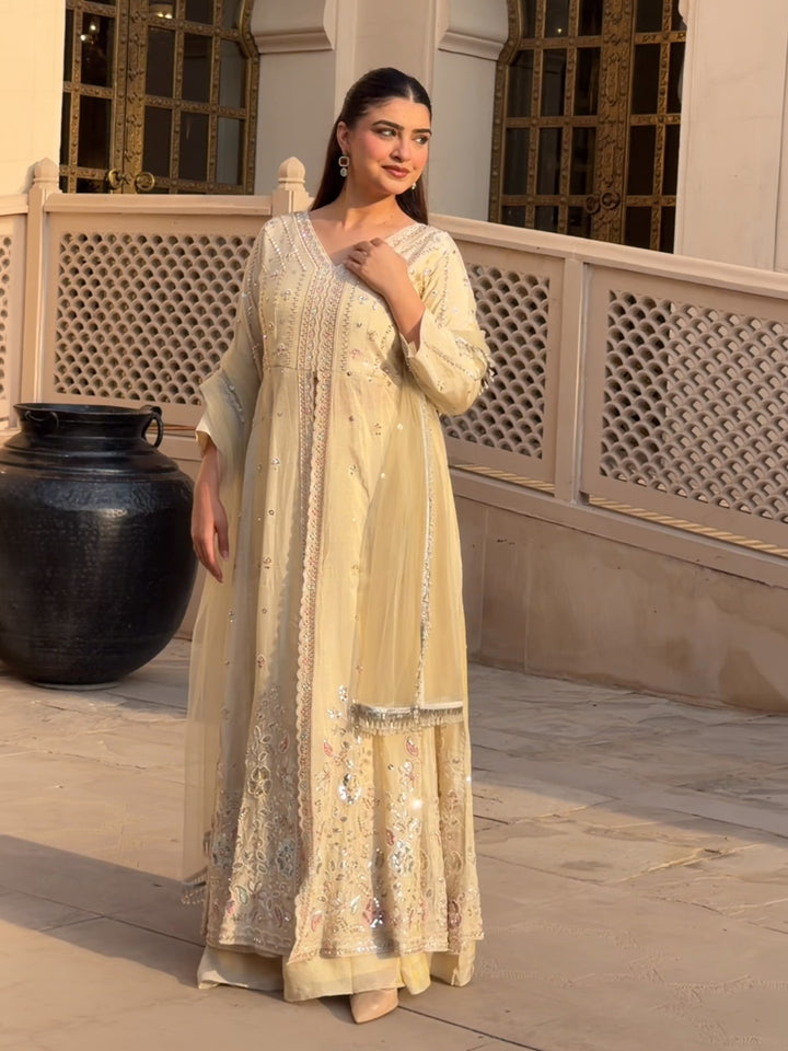 Libas Art Cream Embroidered Silk Blend A-Line Suits Set With Dupatta