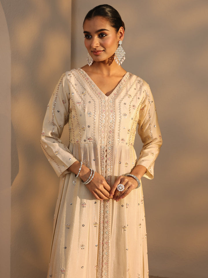 Libas Art Cream Embroidered Silk Blend A-Line Suits Set With Dupatta
