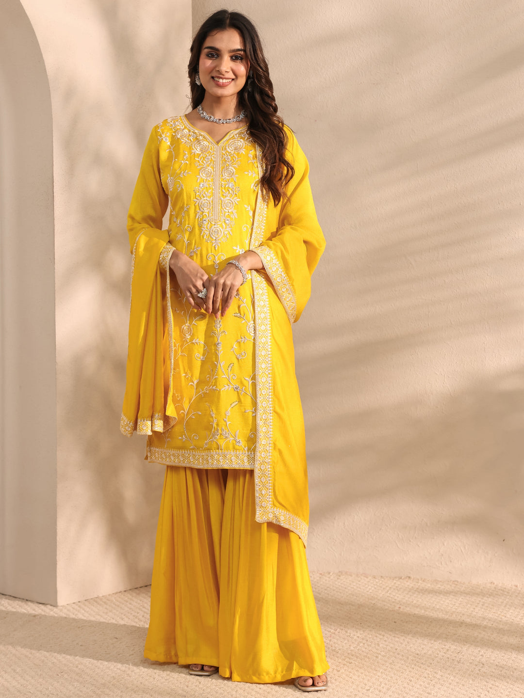 Mustard Floral Embroidered Silk Blend Straight Suit Set With Dupatta