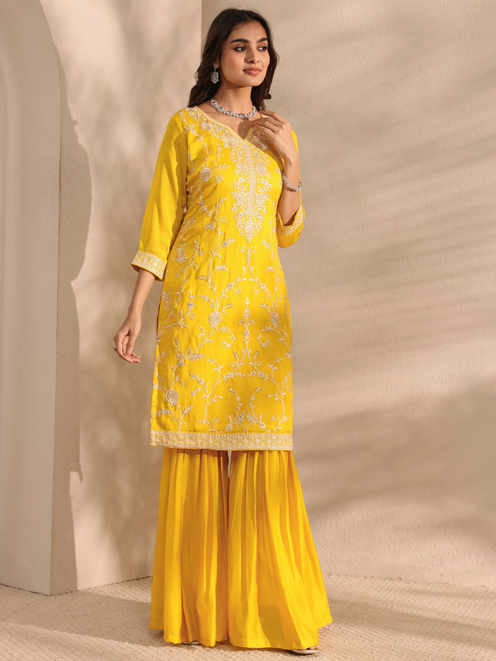 Mustard Floral Embroidered Silk Blend Straight Suit Set With Dupatta