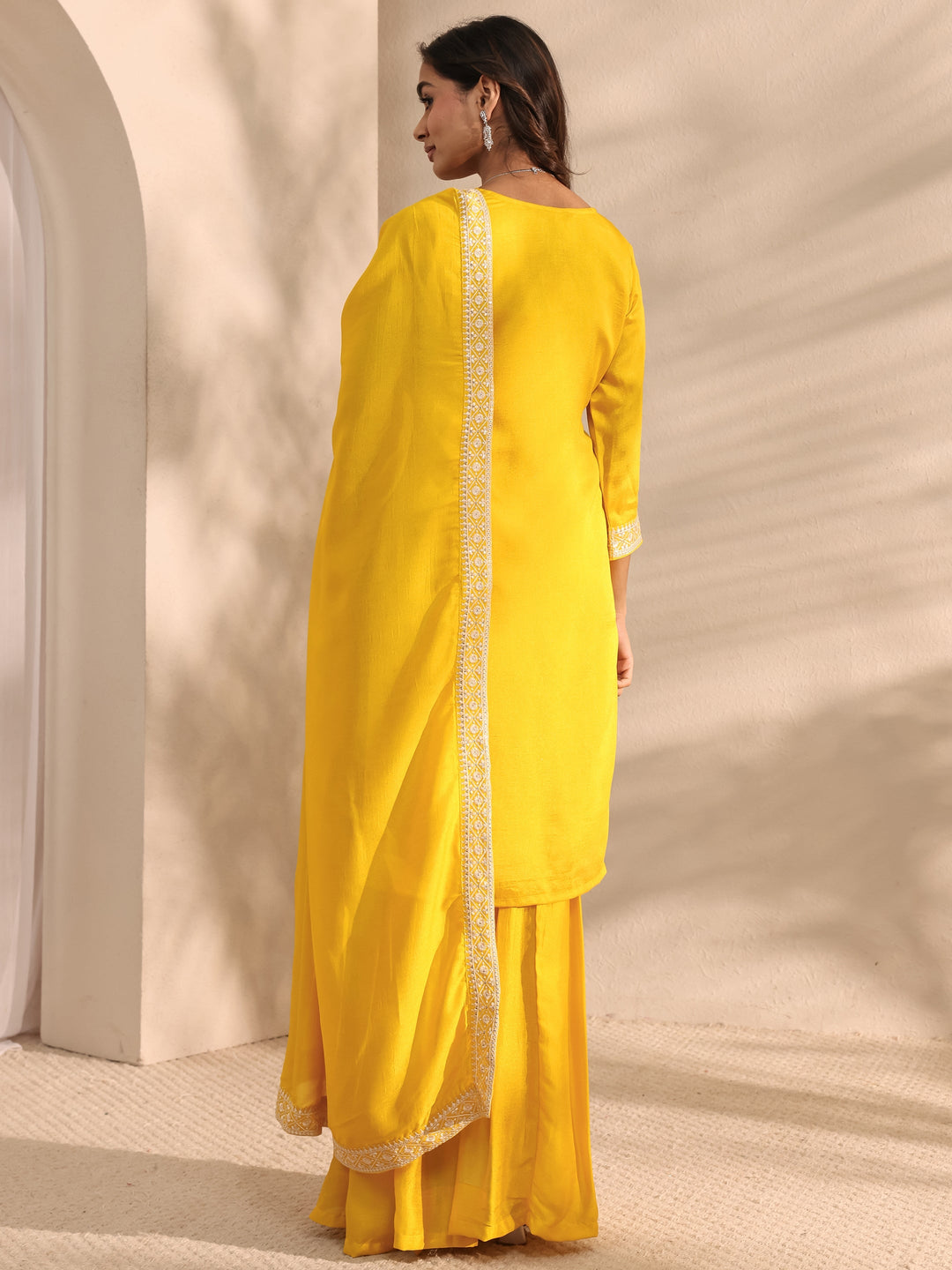 Mustard Floral Embroidered Silk Blend Straight Suit Set With Dupatta