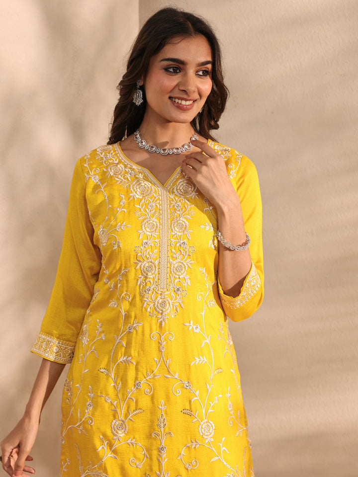 Mustard Floral Embroidered Silk Blend Straight Suit Set With Dupatta