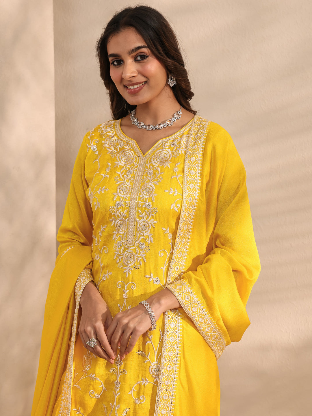 Mustard Floral Embroidered Silk Blend Straight Suit Set With Dupatta