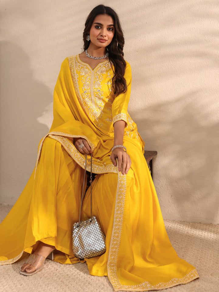 Mustard Floral Embroidered Silk Blend Straight Suit Set With Dupatta