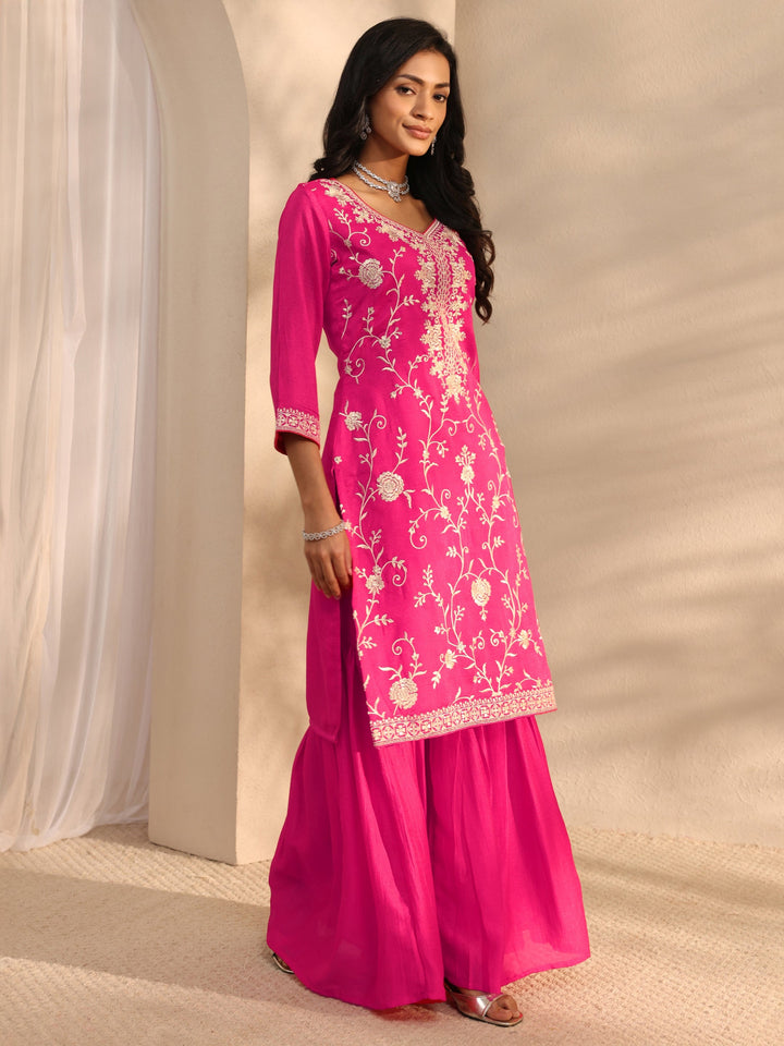 Pink Embroidered Silk Blend Sharara Suit Set With Dupatta