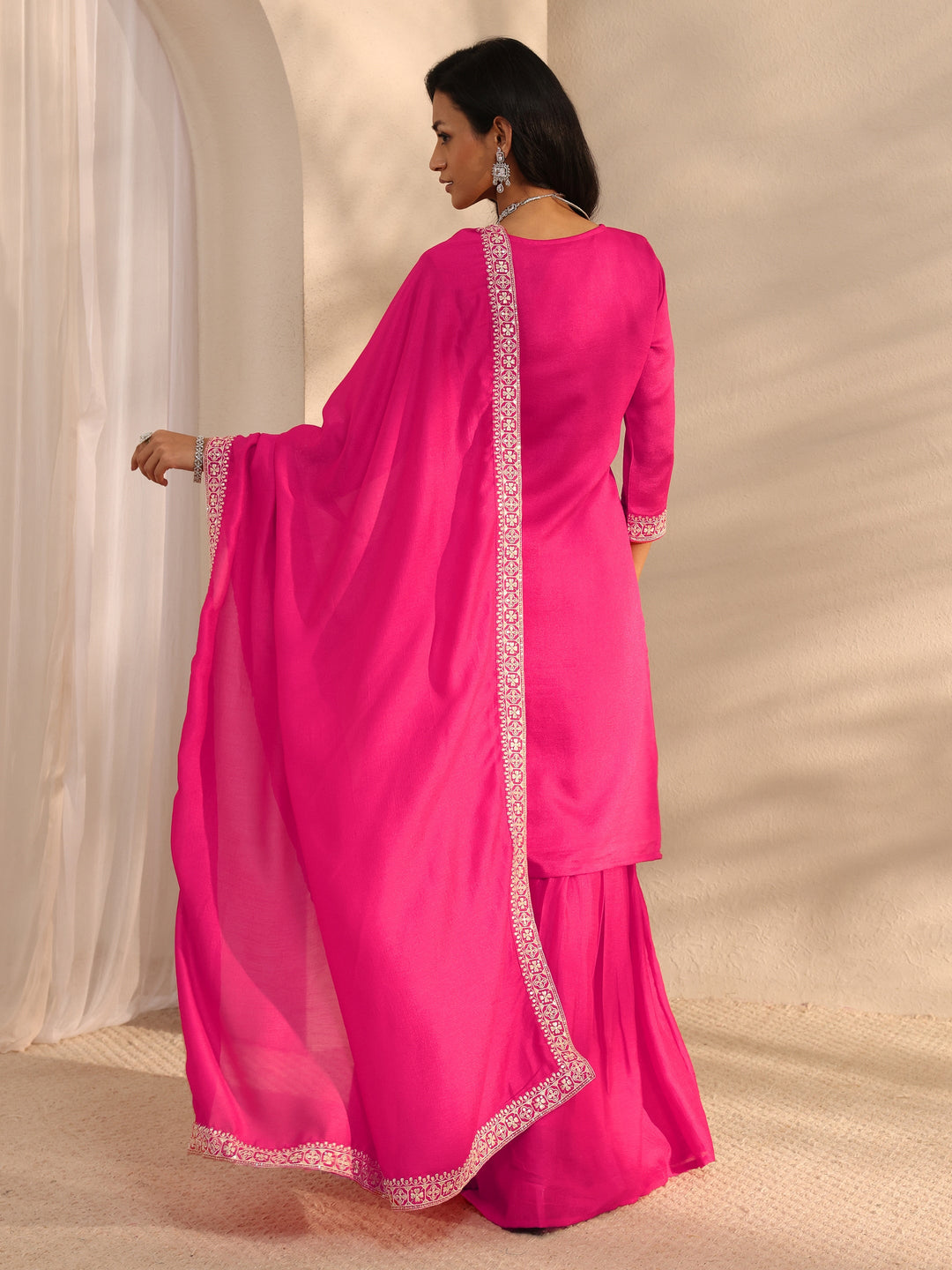 Pink Embroidered Silk Blend Sharara Suit Set With Dupatta
