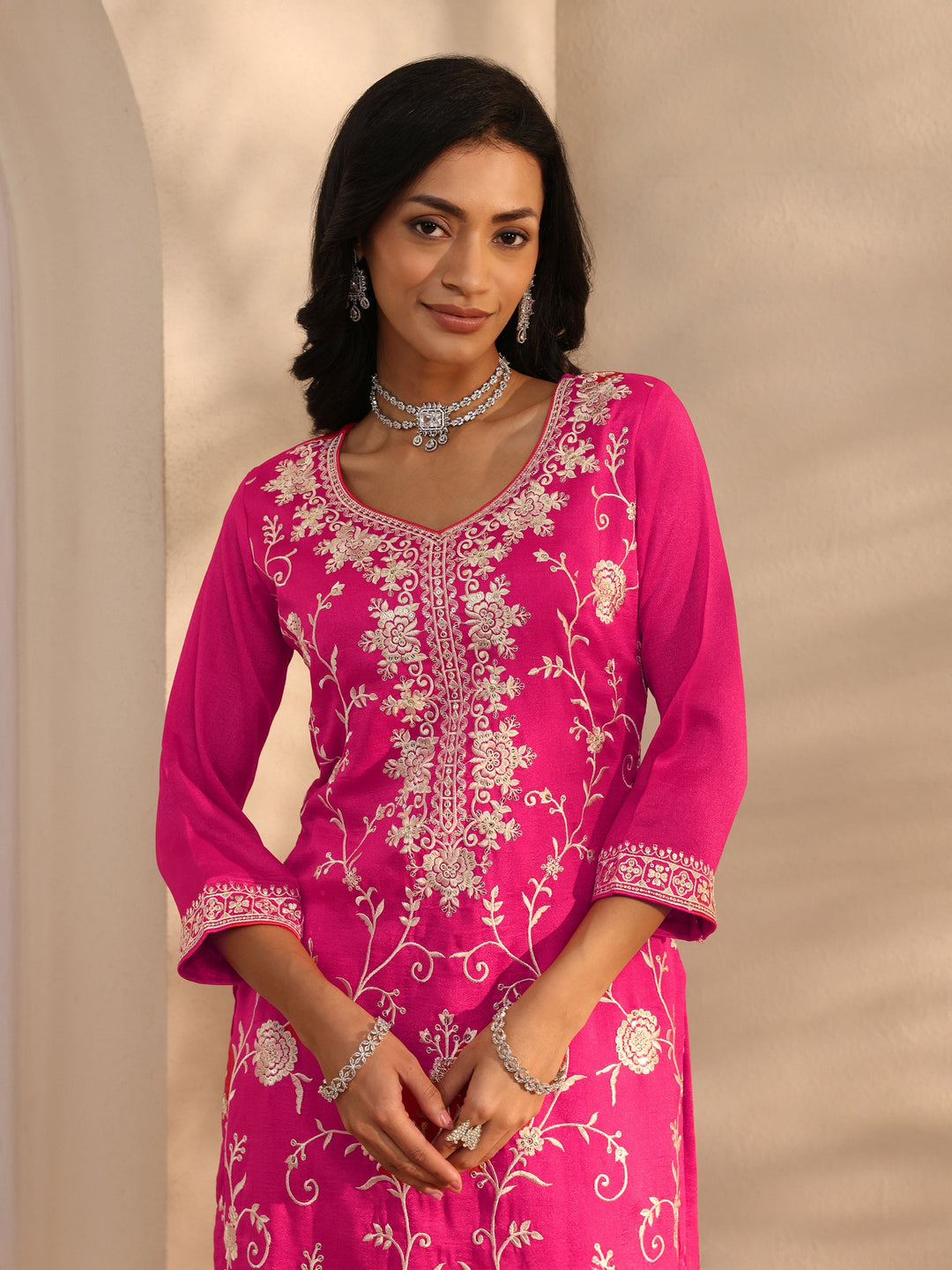Pink Embroidered Silk Blend Sharara Suit Set With Dupatta