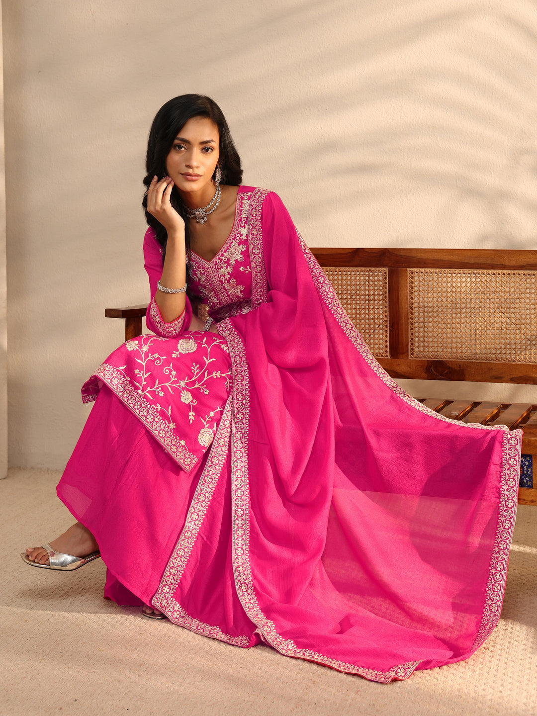 Pink Embroidered Silk Blend Sharara Suit Set With Dupatta