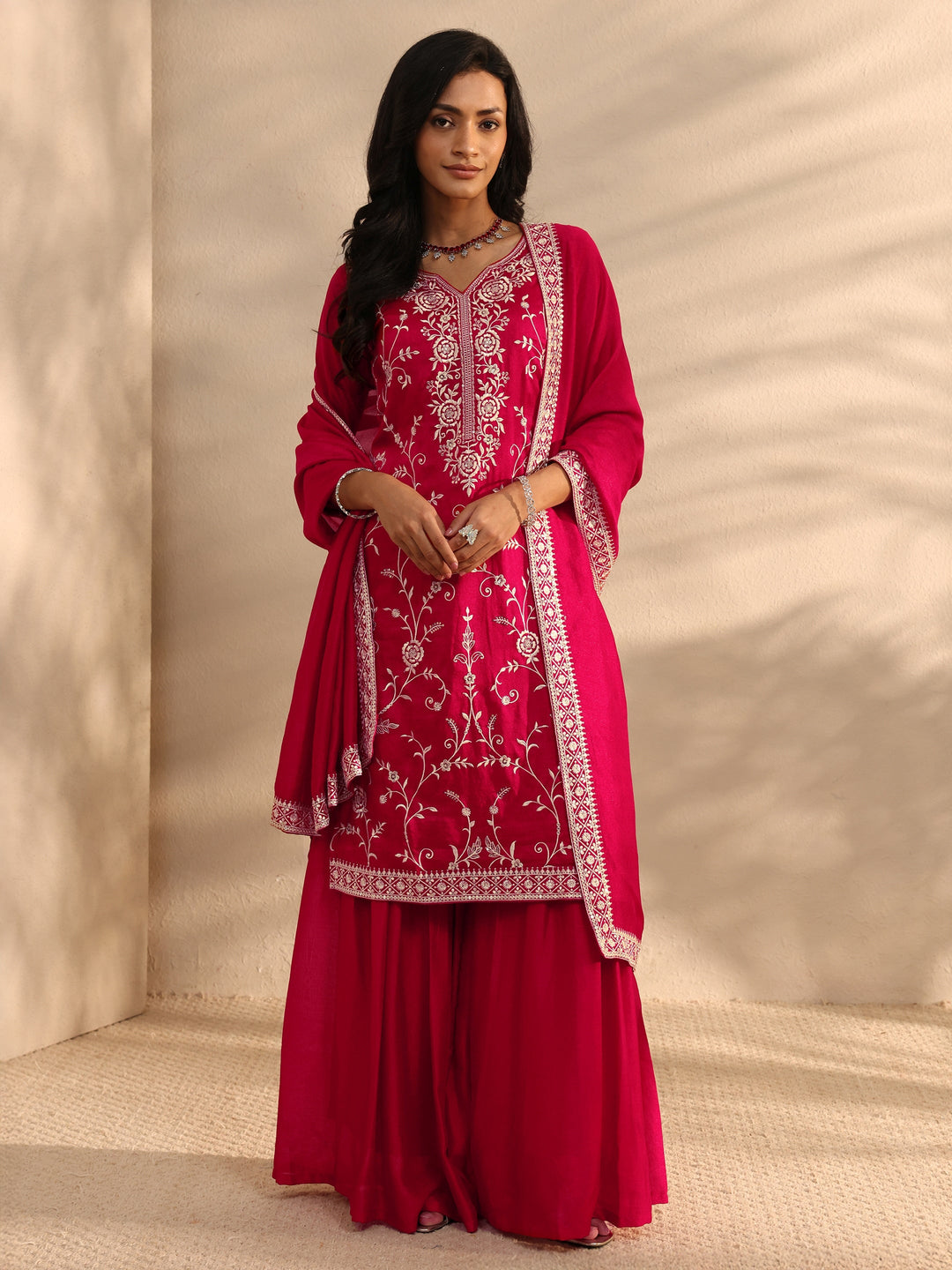 Red Embroidered Silk Blend Sharara Suit Set With Dupatta