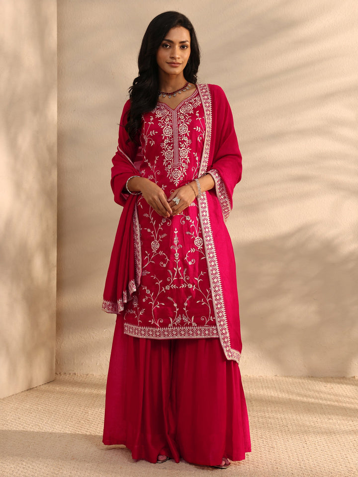 Red Embroidered Silk Blend Sharara Suit Set With Dupatta