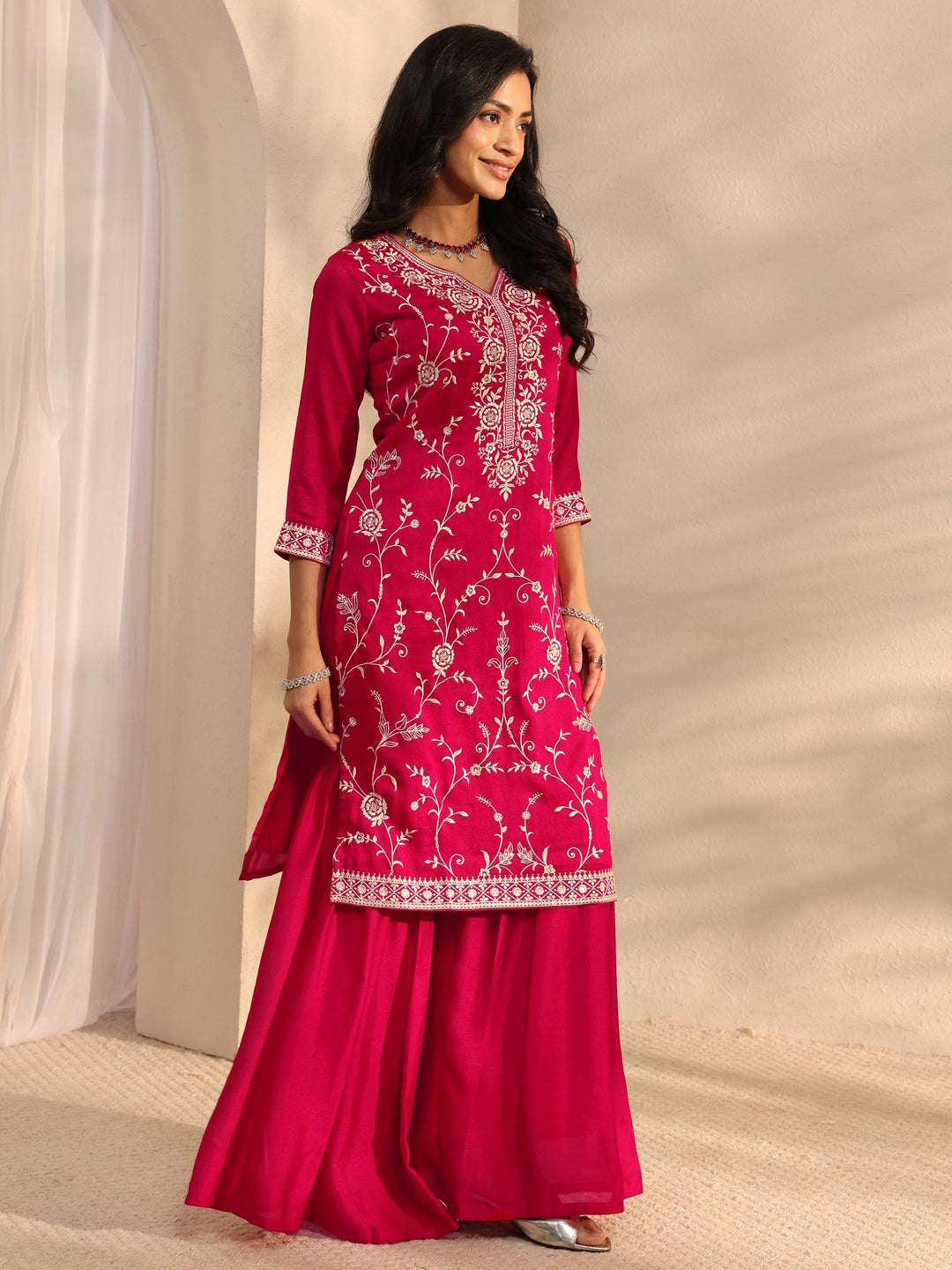 Red Embroidered Silk Blend Sharara Suit Set With Dupatta