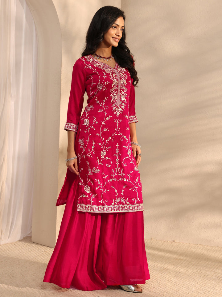 Red Embroidered Silk Blend Sharara Suit Set With Dupatta