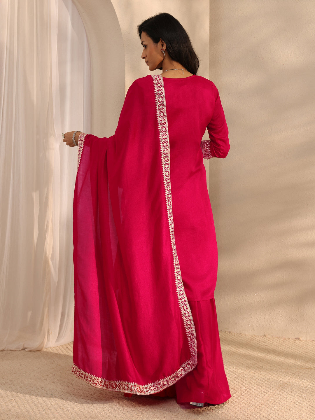 Red Embroidered Silk Blend Sharara Suit Set With Dupatta