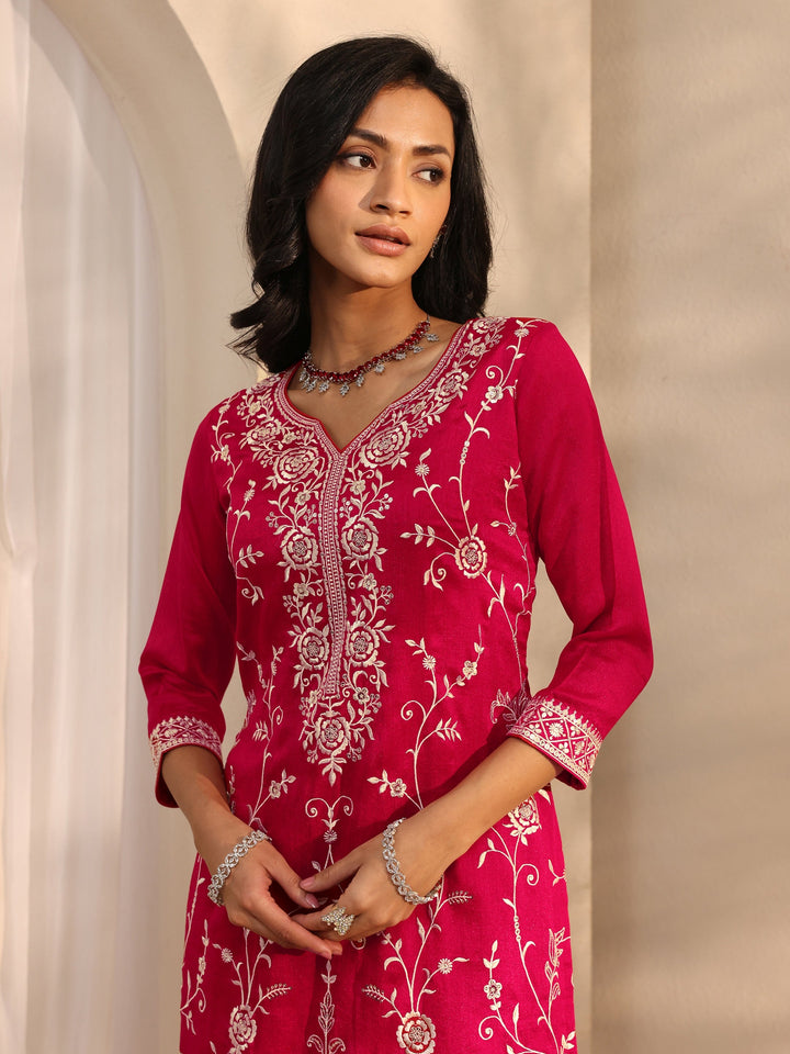 Red Embroidered Silk Blend Sharara Suit Set With Dupatta