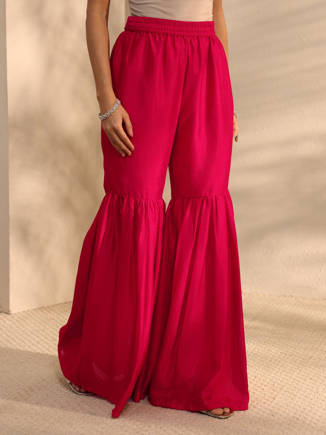 Red Embroidered Silk Blend Sharara Suit Set With Dupatta