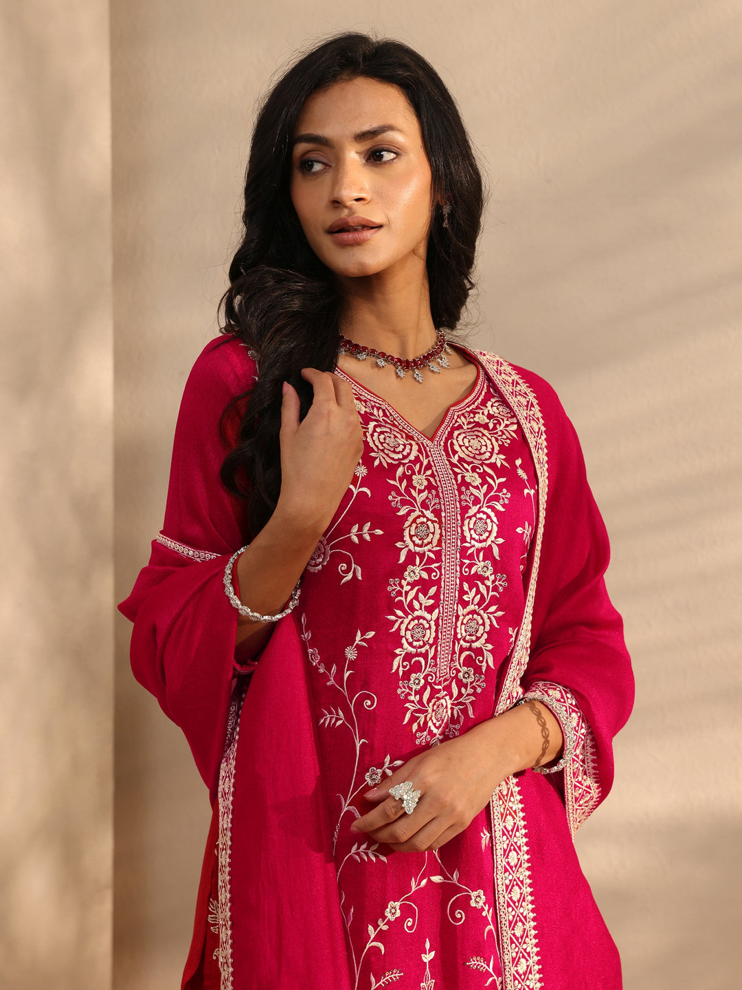 Red Embroidered Silk Blend Sharara Suit Set With Dupatta