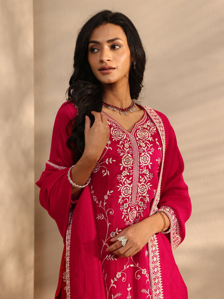 Red Embroidered Silk Blend Sharara Suit Set With Dupatta