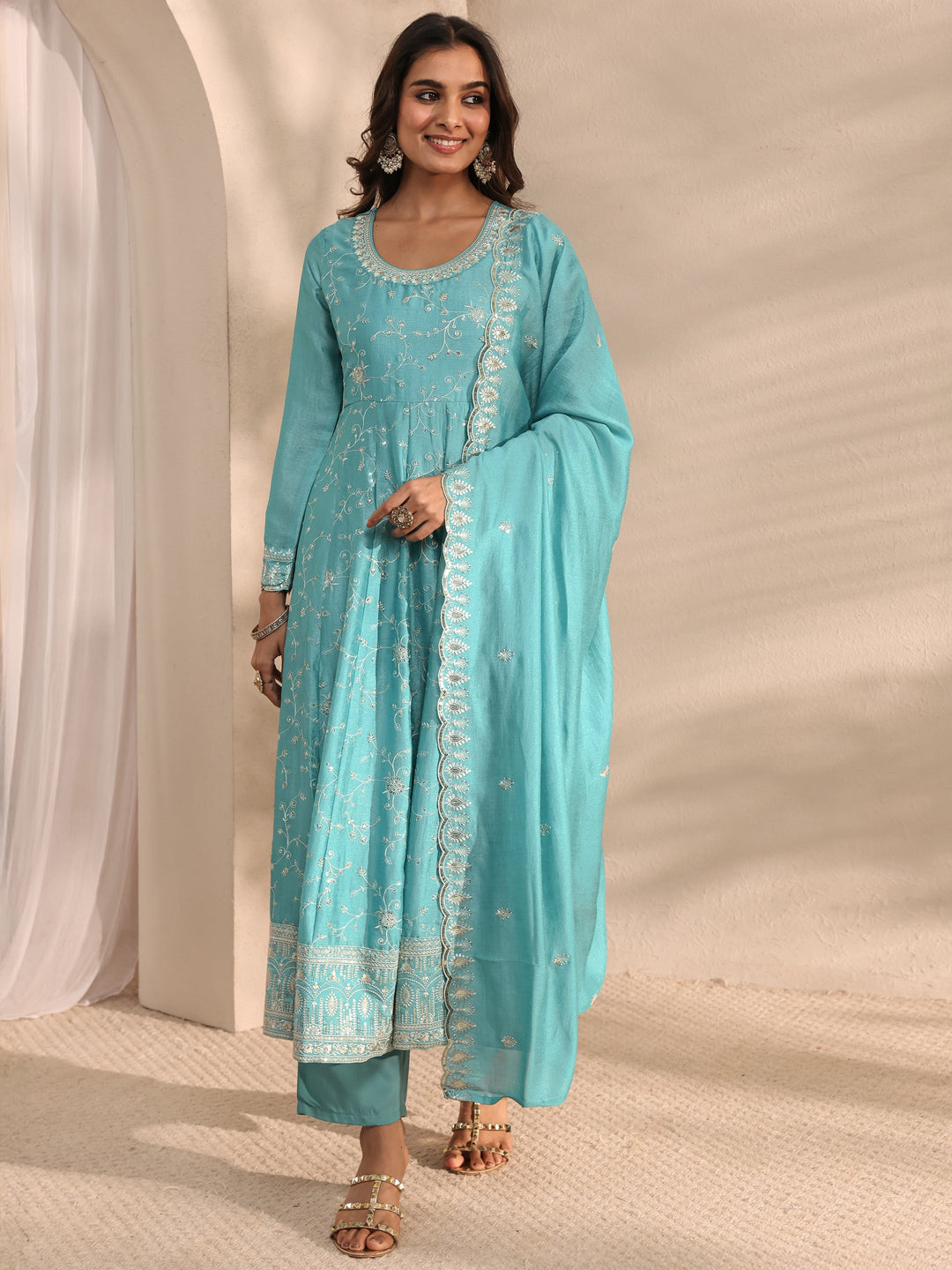 Blue Embellished Silk Blend Anarkali Suit Set With Dupatta