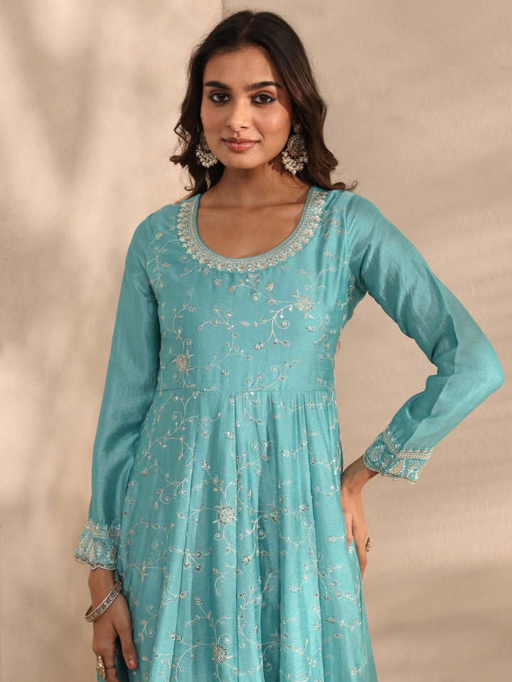 Blue Embellished Silk Blend Anarkali Suit Set With Dupatta