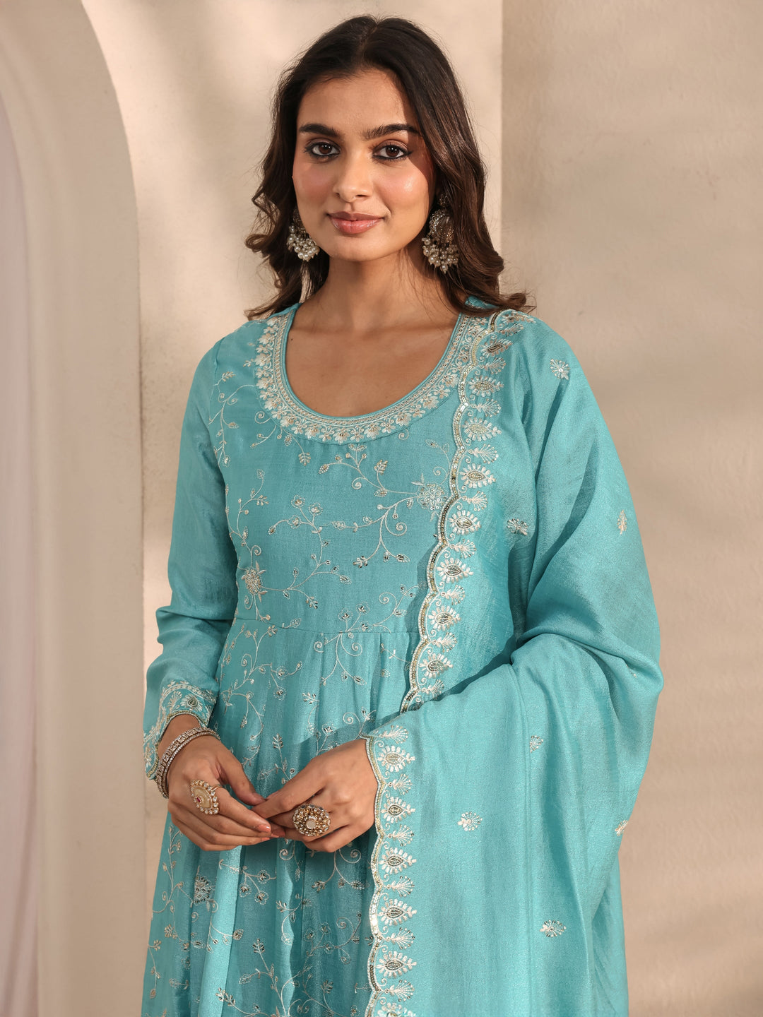 Blue Embellished Silk Blend Anarkali Suit Set With Dupatta