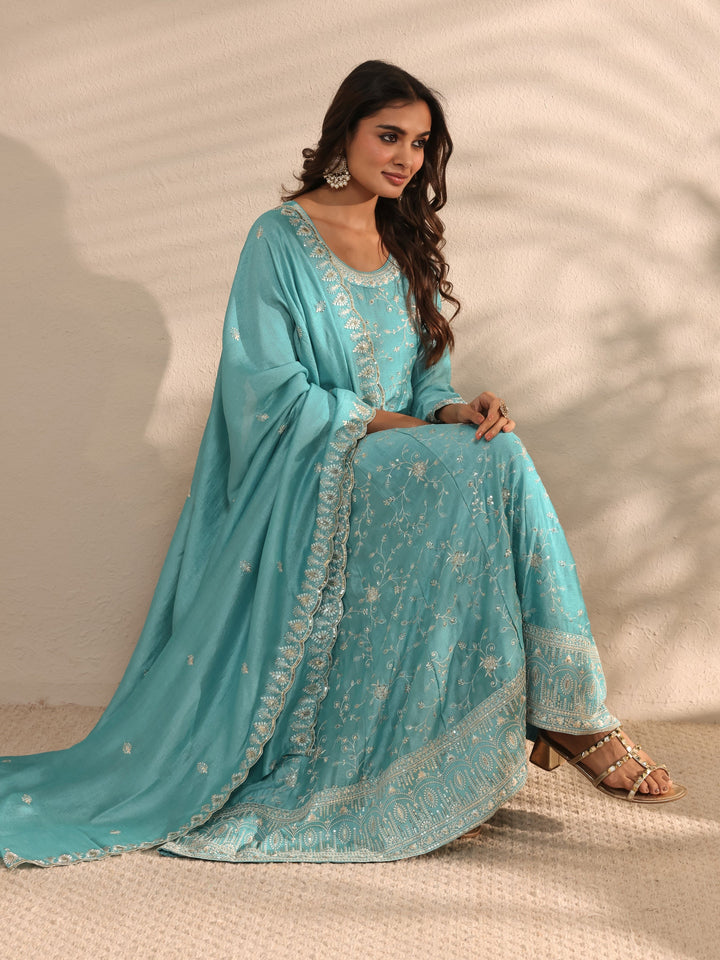 Blue Embellished Silk Blend Anarkali Suit Set With Dupatta