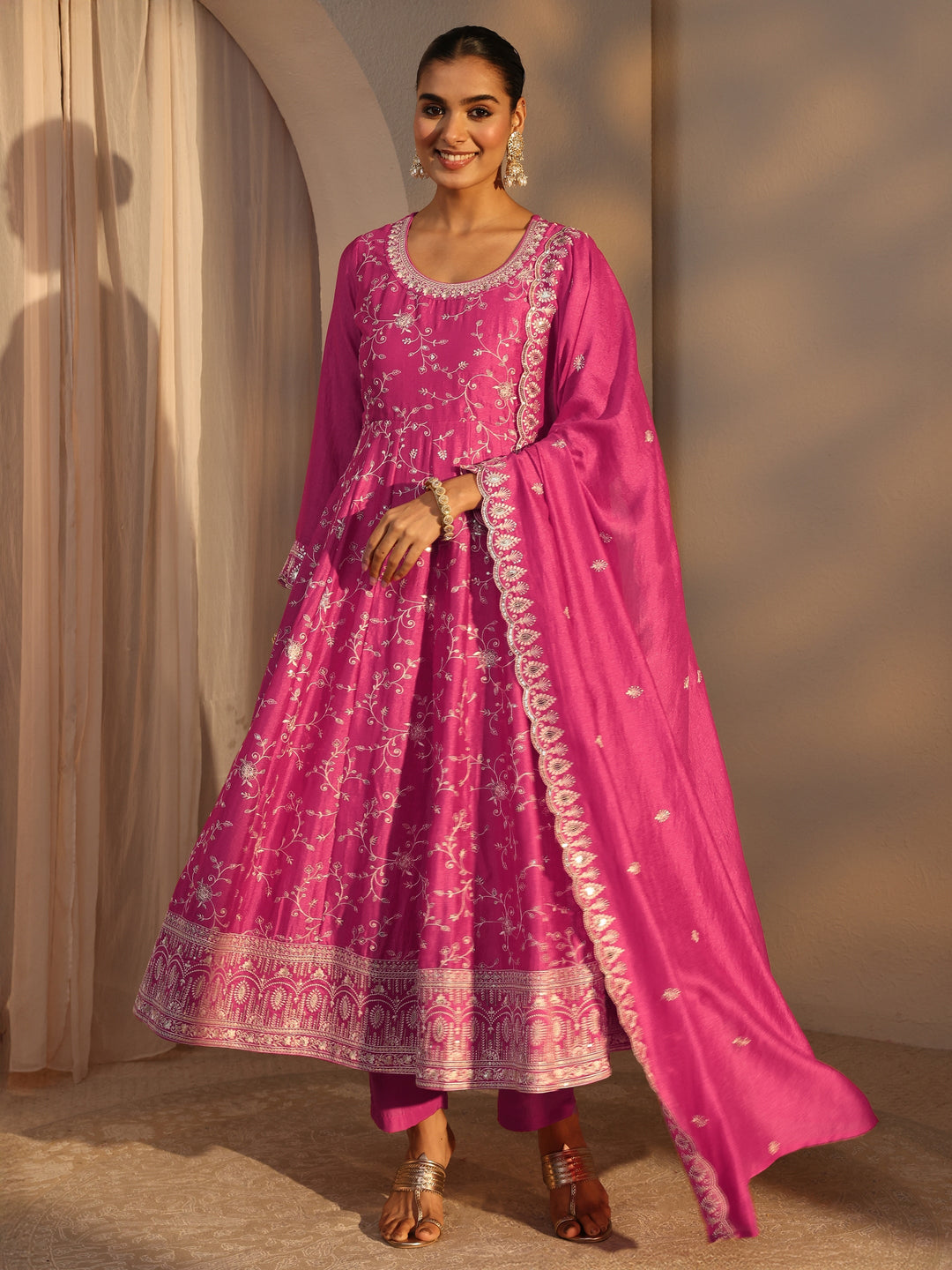 Pink Floral Embroidered Silk Blend Straight Suit Set With Dupatta