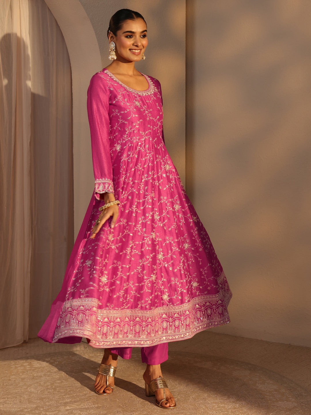 Pink Floral Embroidered Silk Blend Straight Suit Set With Dupatta
