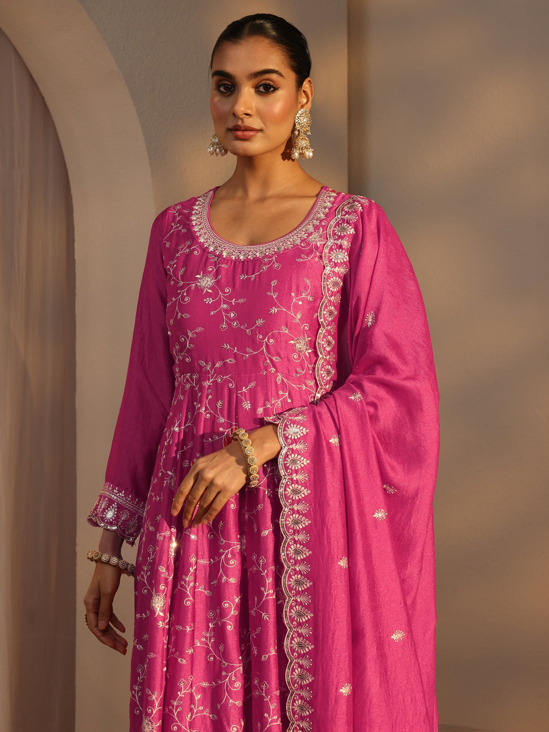 Pink Floral Embroidered Silk Blend Straight Suit Set With Dupatta