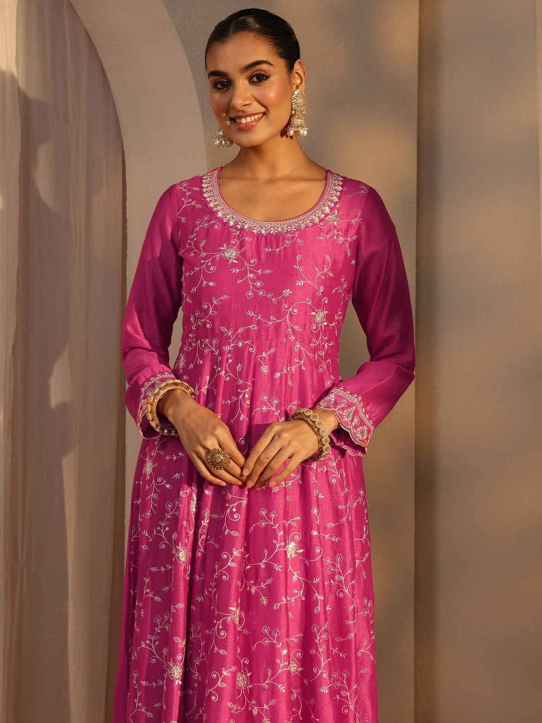 Pink Floral Embroidered Silk Blend Straight Suit Set With Dupatta