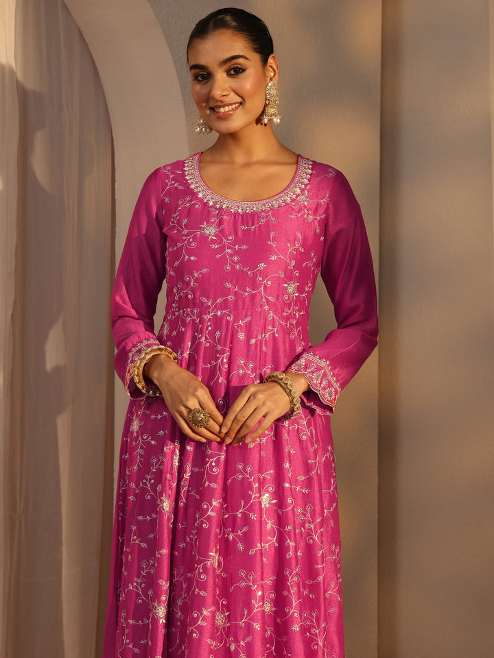 Pink Floral Embroidered Silk Blend Straight Suit Set With Dupatta