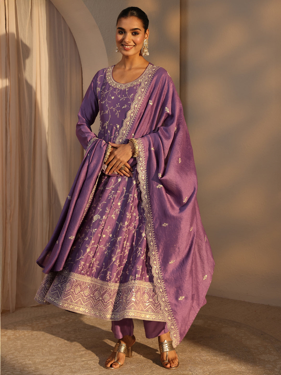 Lavender Floral Embroidered Silk Blend Straight Suit Set With Dupatta