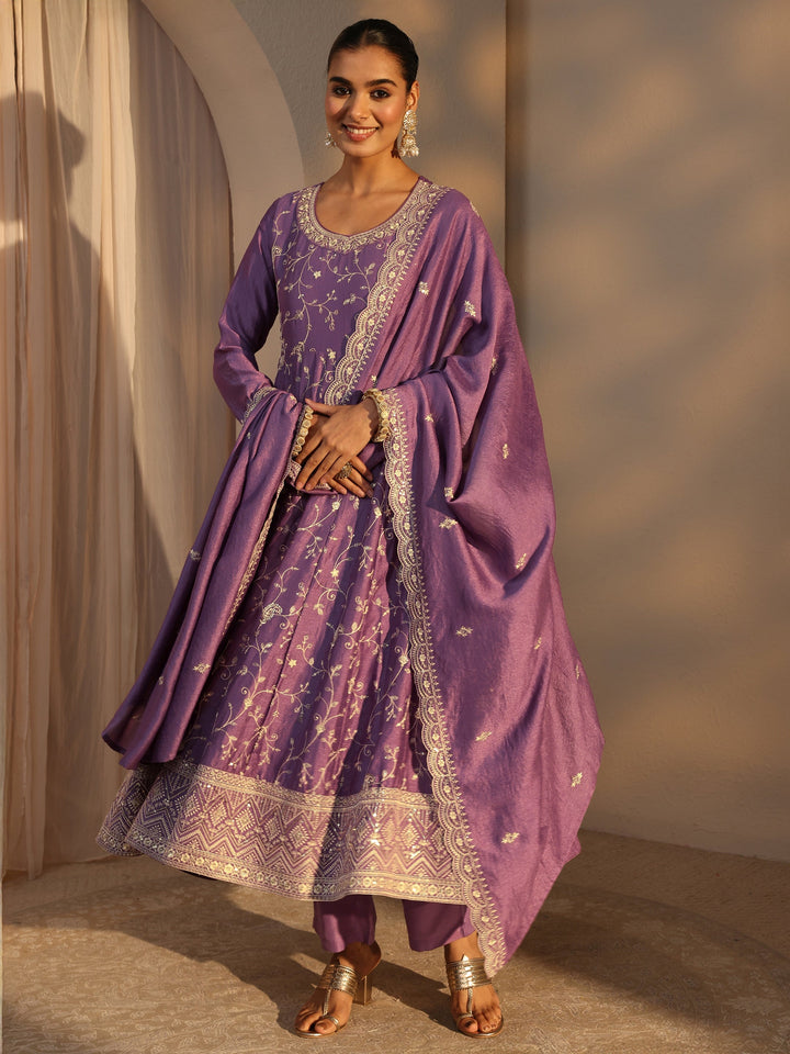 Lavender Floral Embroidered Silk Blend Straight Suit Set With Dupatta