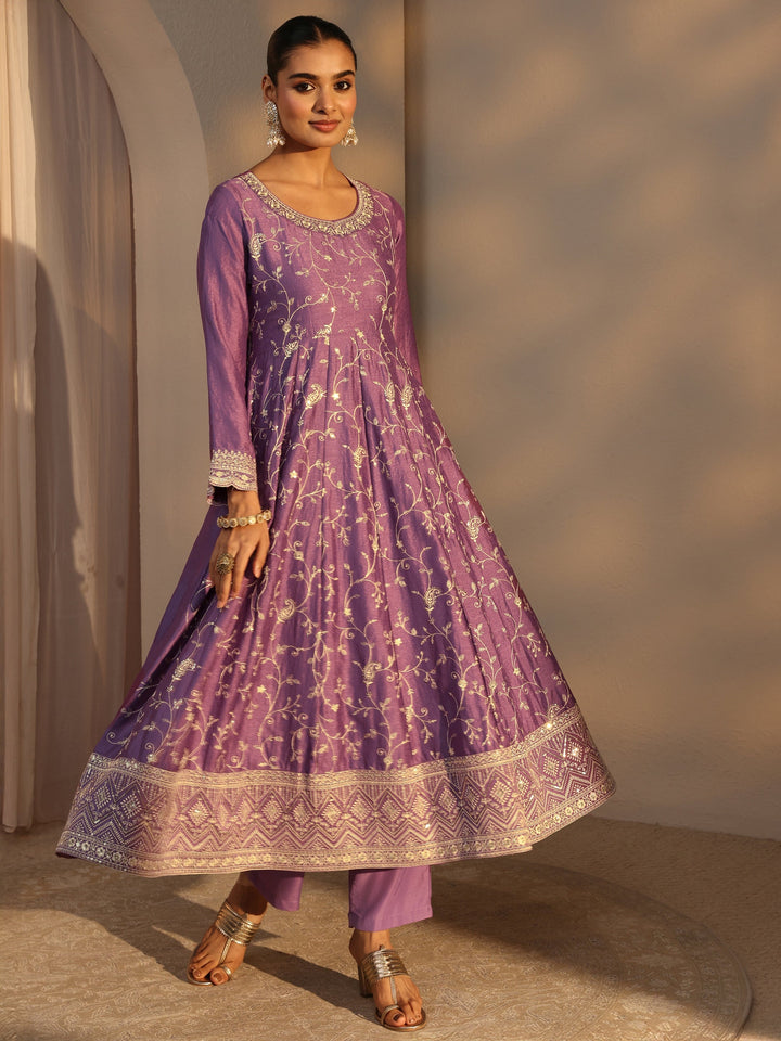 Lavender Floral Embroidered Silk Blend Straight Suit Set With Dupatta
