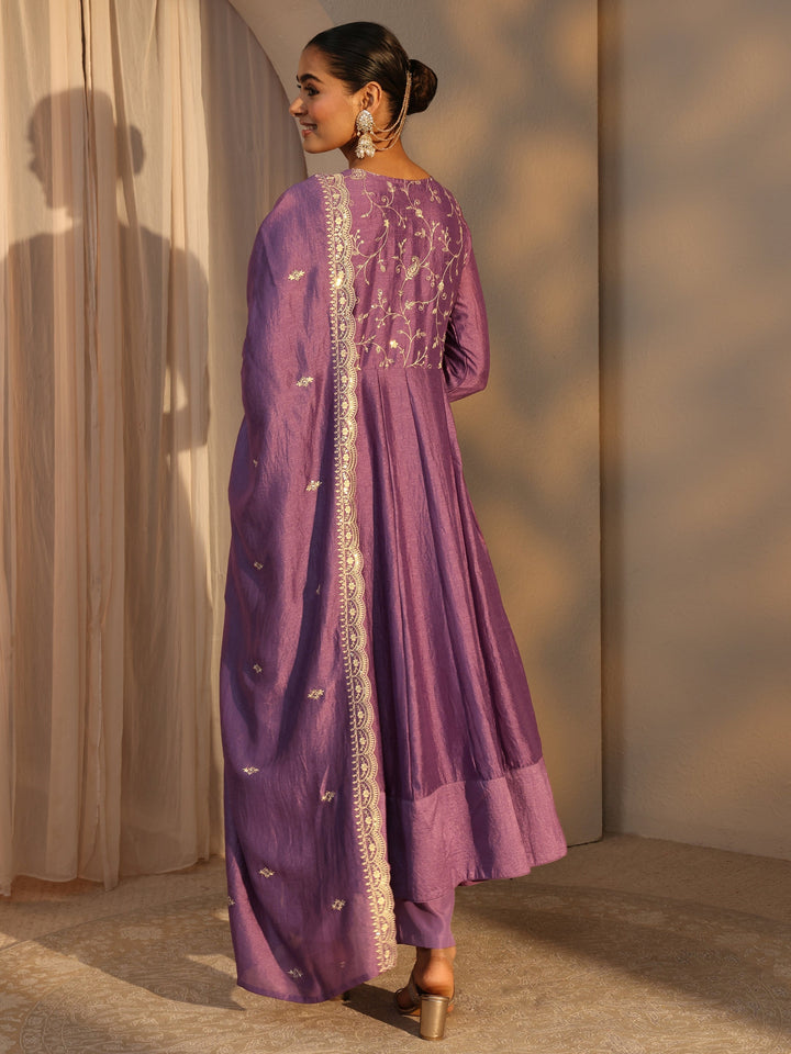 Lavender Floral Embroidered Silk Blend Straight Suit Set With Dupatta