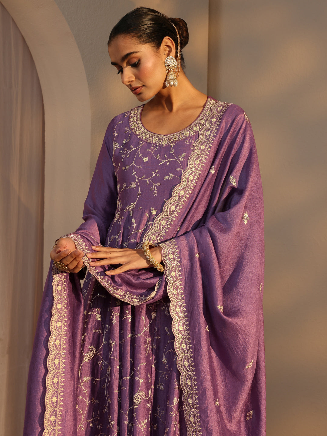 Lavender Floral Embroidered Silk Blend Straight Suit Set With Dupatta