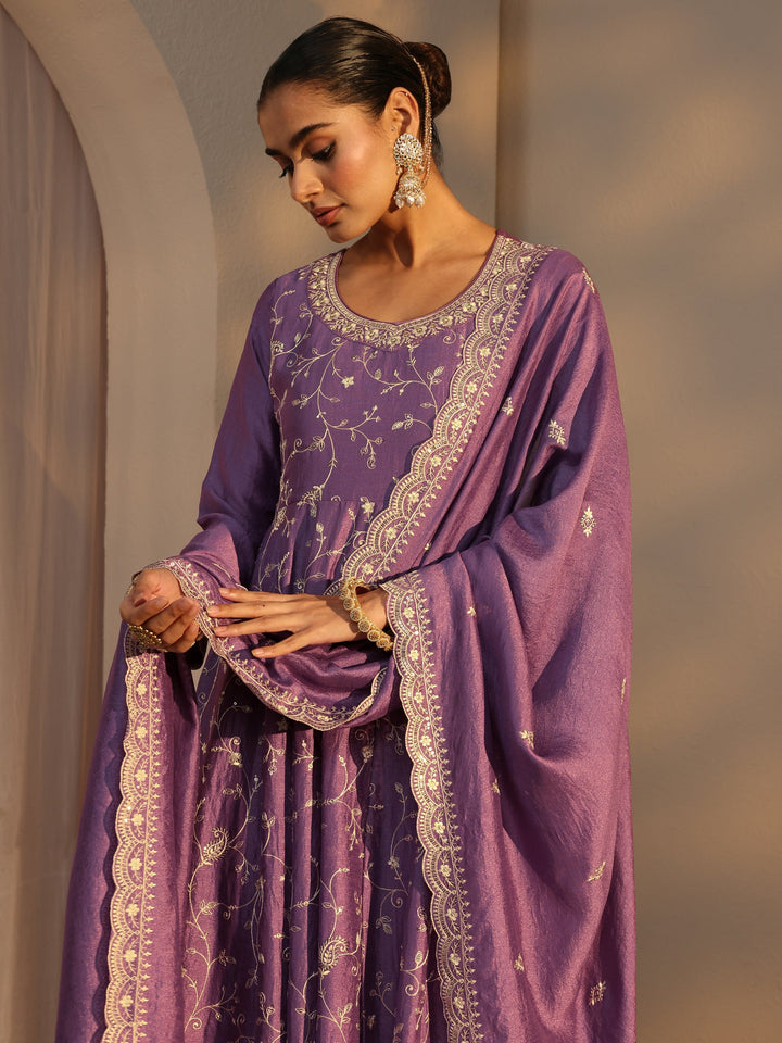 Lavender Floral Embroidered Silk Blend Straight Suit Set With Dupatta
