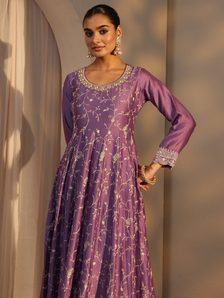 Lavender Floral Embroidered Silk Blend Straight Suit Set With Dupatta