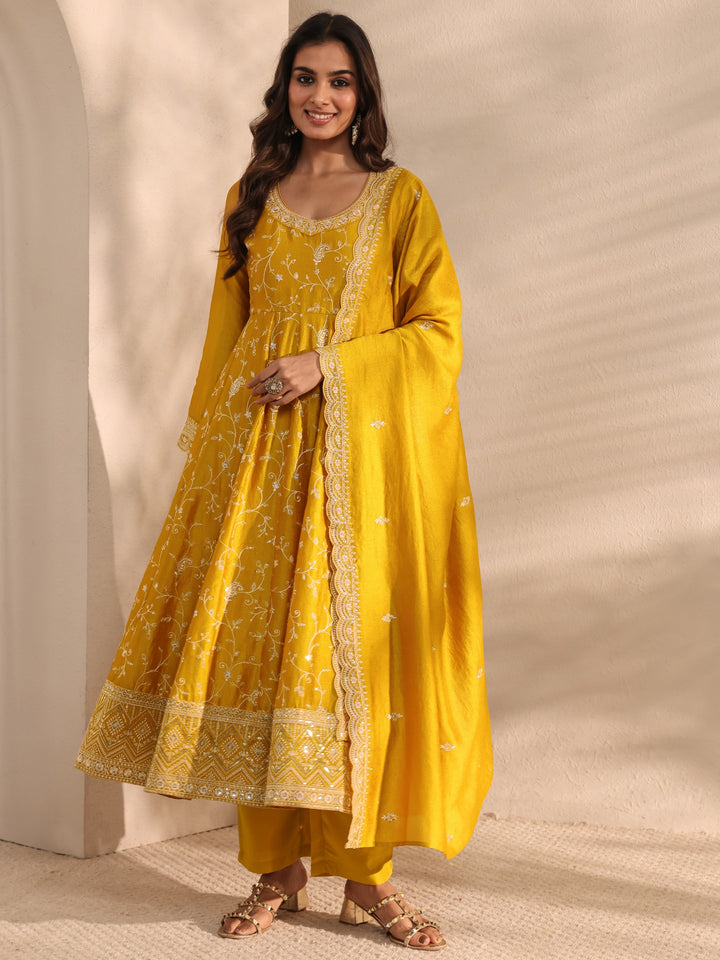 Mustard Embellished Silk Blend Anarkali Suit Set With Dupatta