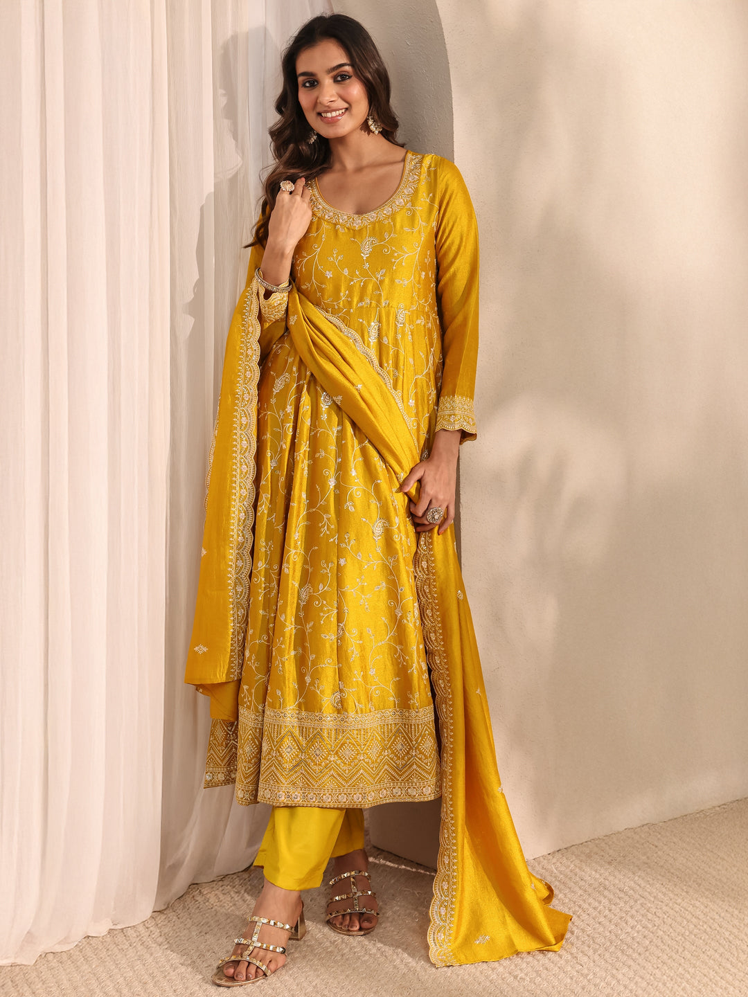 Mustard Embellished Silk Blend Anarkali Suit Set With Dupatta