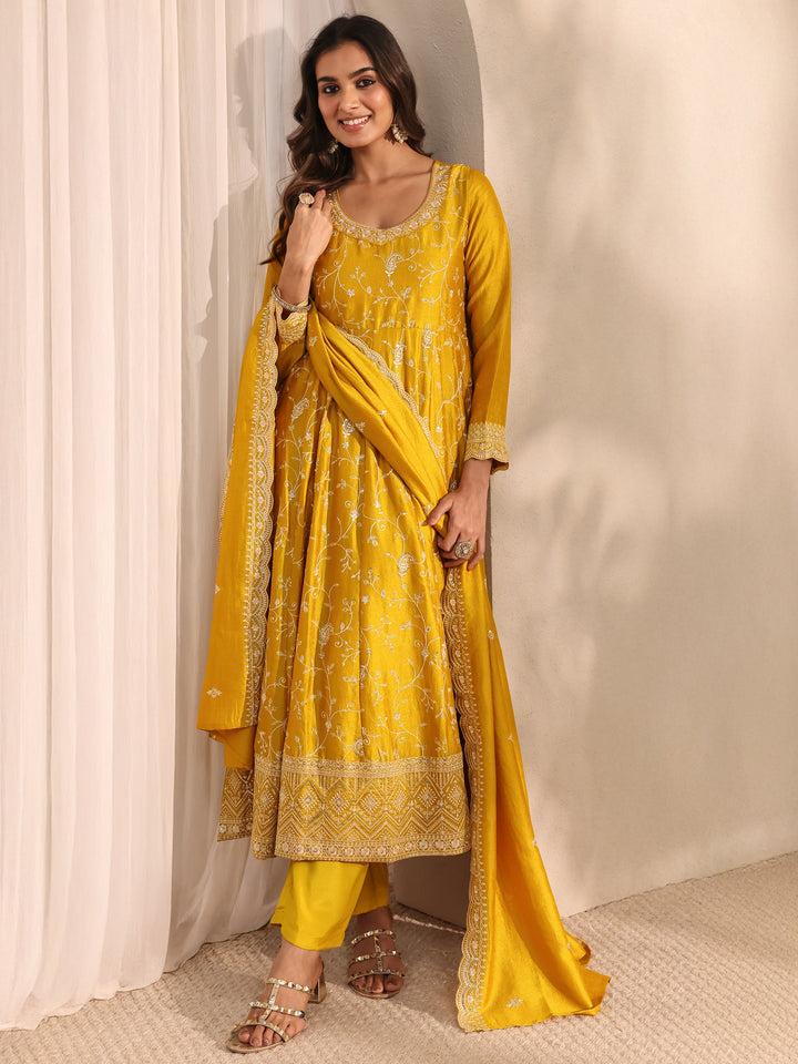 Mustard Embellished Silk Blend Anarkali Suit Set With Dupatta