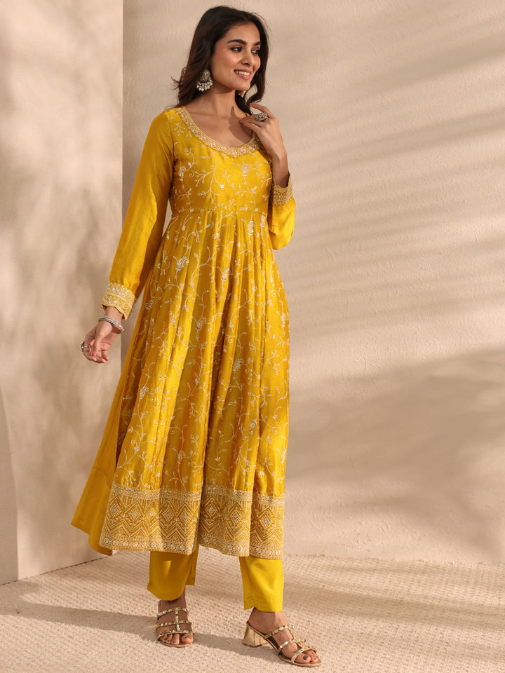 Mustard Embellished Silk Blend Anarkali Suit Set With Dupatta