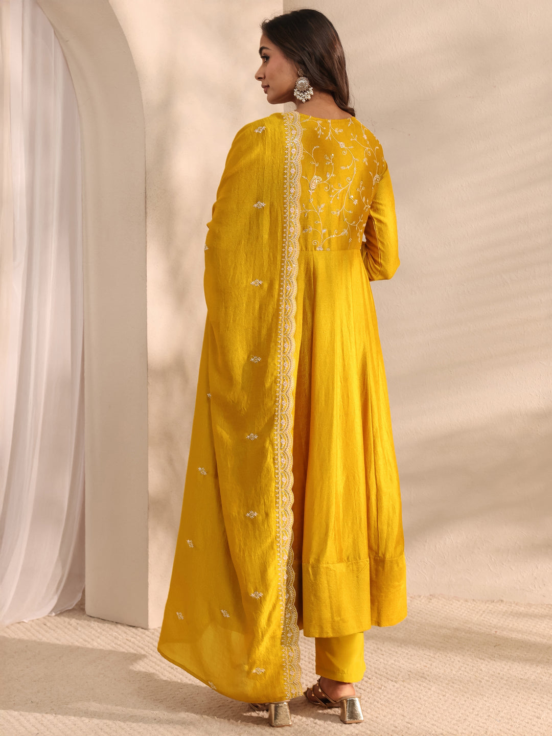 Mustard Embellished Silk Blend Anarkali Suit Set With Dupatta
