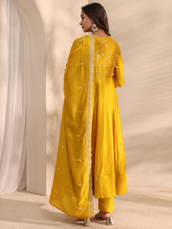 Mustard Embellished Silk Blend Anarkali Suit Set With Dupatta